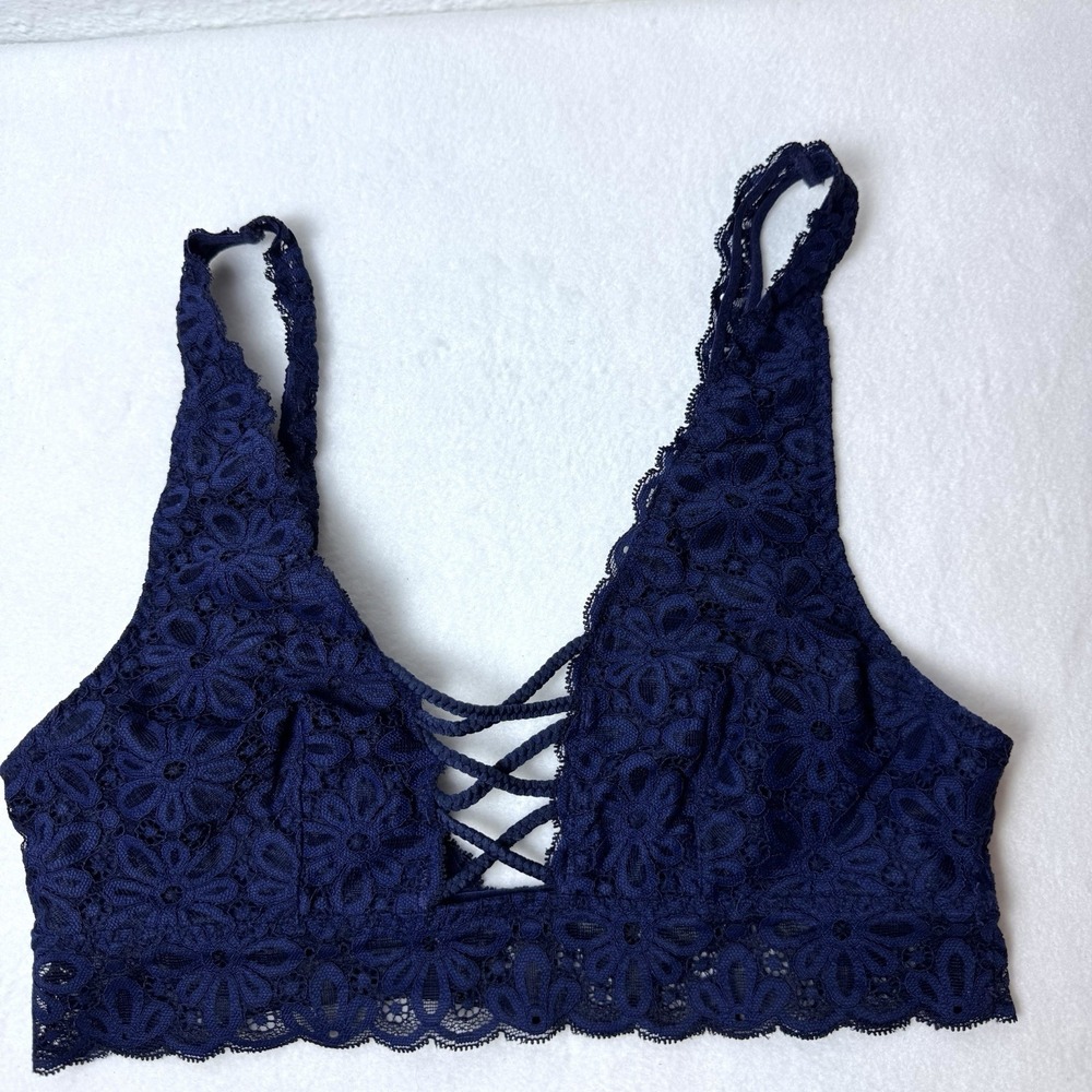 Victoria's Secret Navy Blue Lace Bralette Women's Size Small Floral V-neck